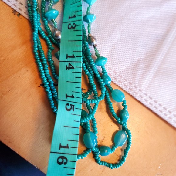 30" Blue and Green Seed Bead Long Layered Necklace - Picture 4 of 4